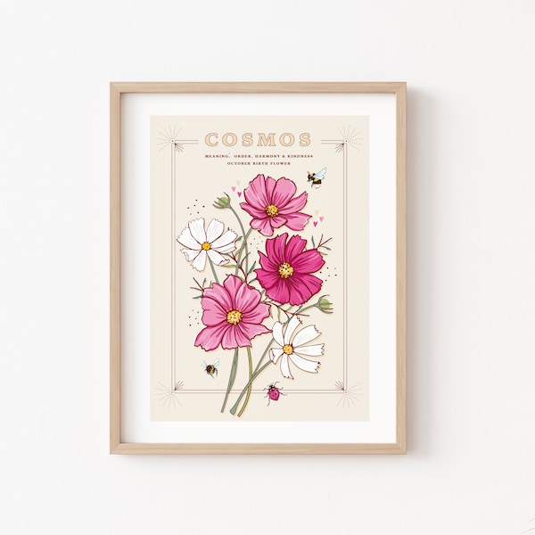 Cosmos Flower Wall Art Print, October Birth Flower Meaning Illustration Print