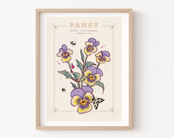 Pansy Wall Art Print, Flower Meaning Illustration Print