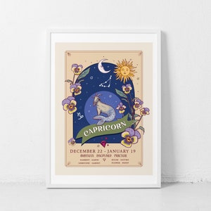 May include: A vintage-style illustration of the Capricorn zodiac sign. The illustration features a goat with a fish tail, surrounded by flowers and stars. The text "CAPRICORN" is written in a decorative font, along with the dates "DECEMBER 22 - JANUARY 19" and other details about the zodiac sign.