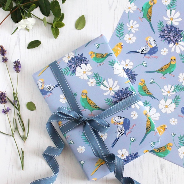 Budgie Gift Wrap with Tag of Budgerigars and Garden Flowers Wrapping Paper, Scrapbook Paper