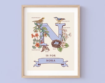 Personalised Letter N Print, Initial N Wall Art, Nature Guide Monogram Illustration