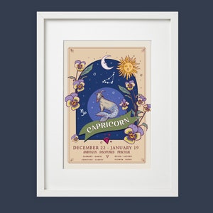 May include: A vintage-style illustration of the Capricorn zodiac sign. The illustration features a sea-goat with a blue tail, a crescent moon, a sun with a face, and a constellation of stars. The illustration is surrounded by purple and yellow pansies.