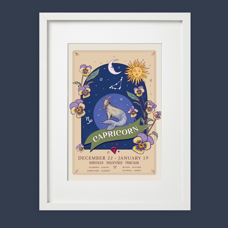 May include: A vintage-style illustration of the Capricorn zodiac sign. The illustration features a sea-goat with a blue tail, a crescent moon, a sun with a face, and a constellation of stars. The illustration is surrounded by purple and yellow pansies.