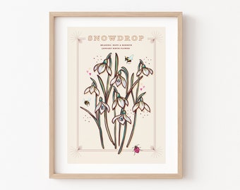 Snödroppar väggkonsttryck, illustration av blommans betydelse i januari
