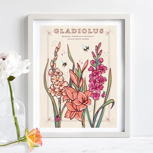 Wall art print of line drawn Gladiolus flowers in orange and pink. August birth flower