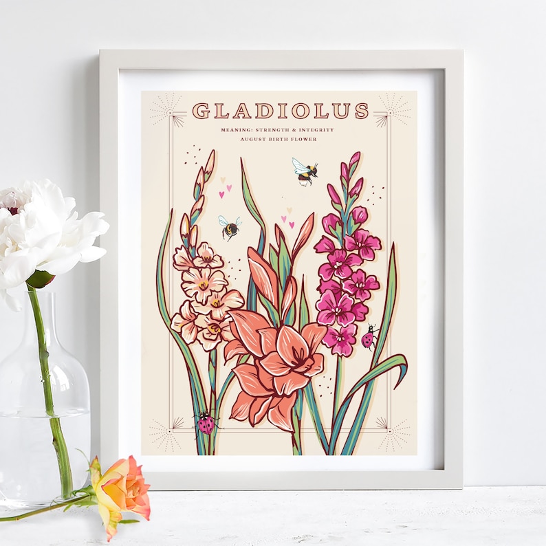 Wall art print of line drawn Gladiolus flowers in orange and pink. August birth flower