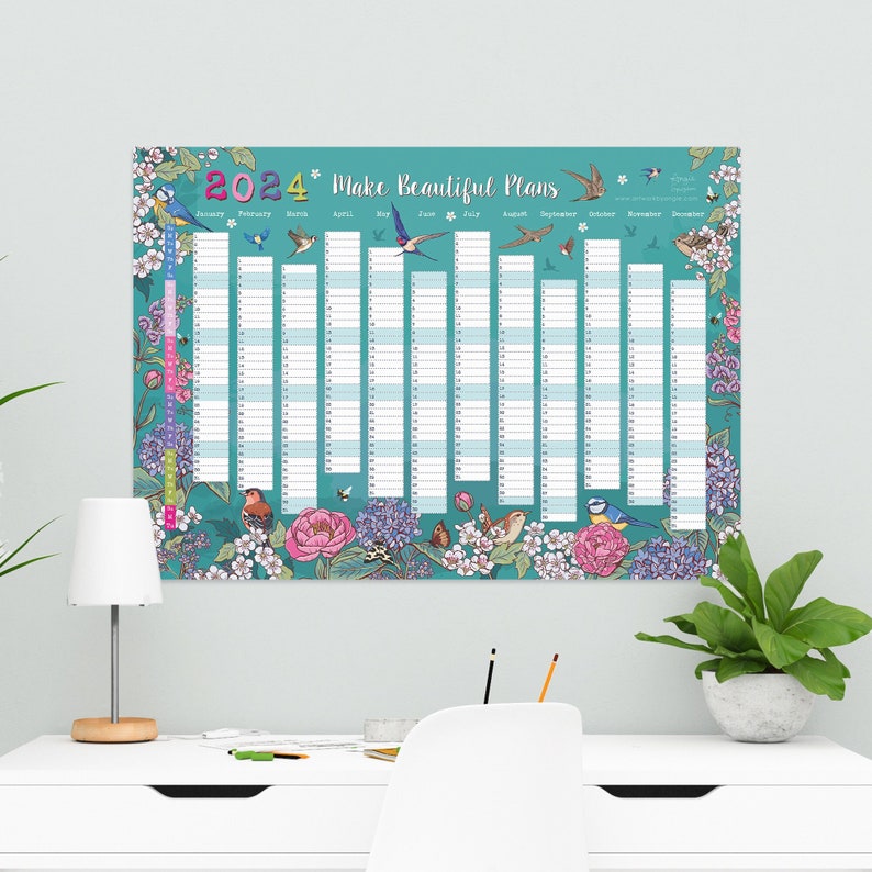 2024 Wall Planner, Flowers and Garden Birds Wall Calendar, Year To View Planner image 1