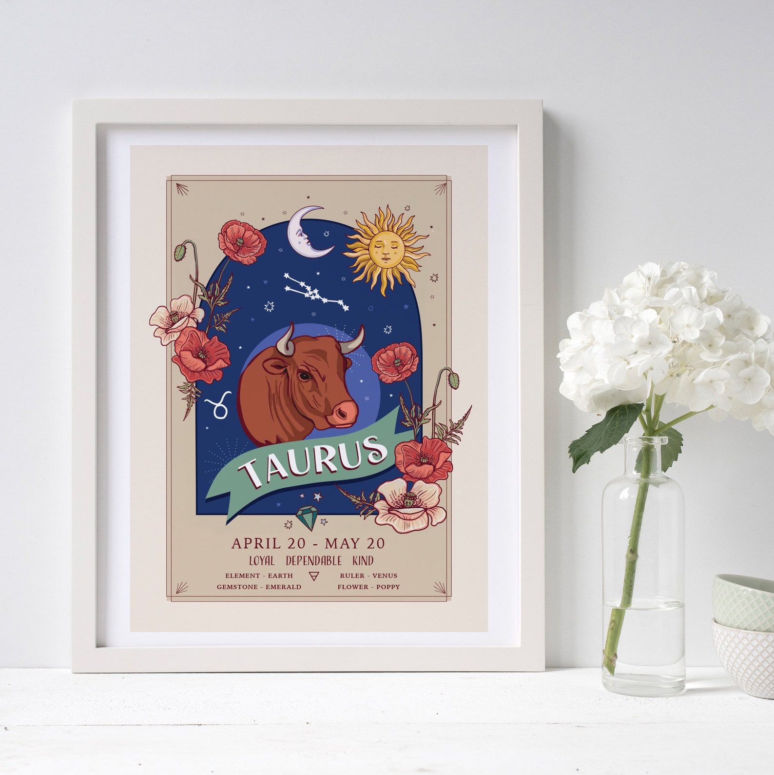 Taurus Wall Art Print Zodiac Sign and Flowers Illustration Etsy