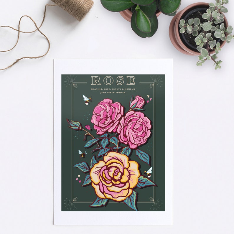 Wall art print of line drawn rose flowers in pink and yellow