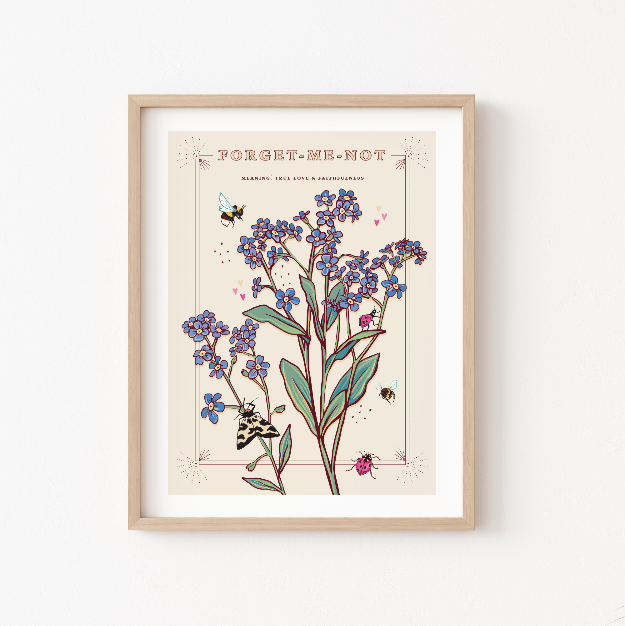 Forget Me Not Wall Art Print, True Love Flower Illustration Print