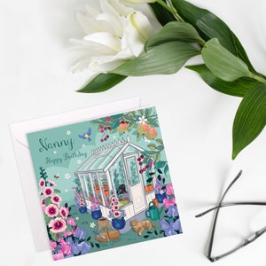 Happy Birthday Nanny Card, bright floral, cats in the greenhouse card image 6