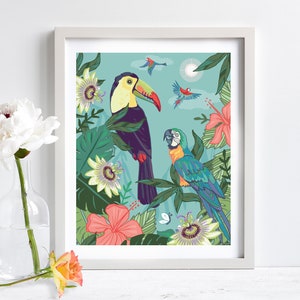 Tropical Birds Print, Toucan and Parrots Wall Art, Nursery Decor