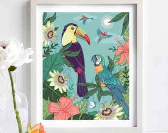 Tropical Birds Print, Toucan and Parrots Wall Art, Nursery Decor