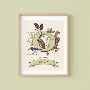 Stampa personalizzata con lettera O, decorazione murale con iniziale O, illustrazione del monogramma della guida naturalistica