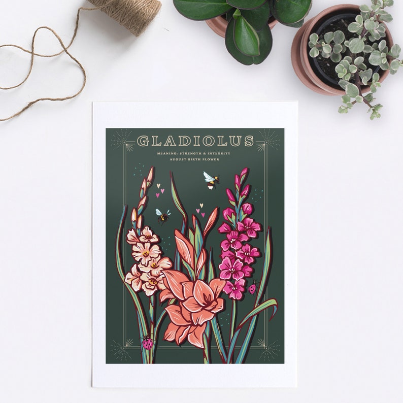 Wall art print of line drawn Gladiolus flowers in orange and pink. August birth flower