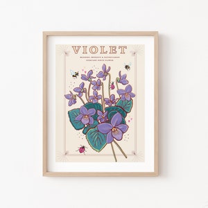 Impresión de arte mural de violetas, ilustración de flores de nacimiento de febrero