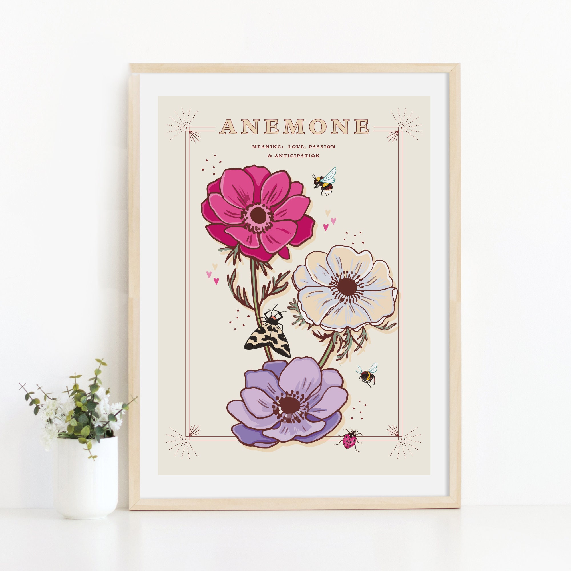 Anemone Flowers Wall Art Print, Flower Meaning Illustration Print
