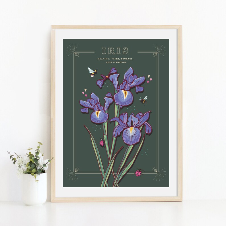 Wall art print of line drawn iris flowers in blue and purple