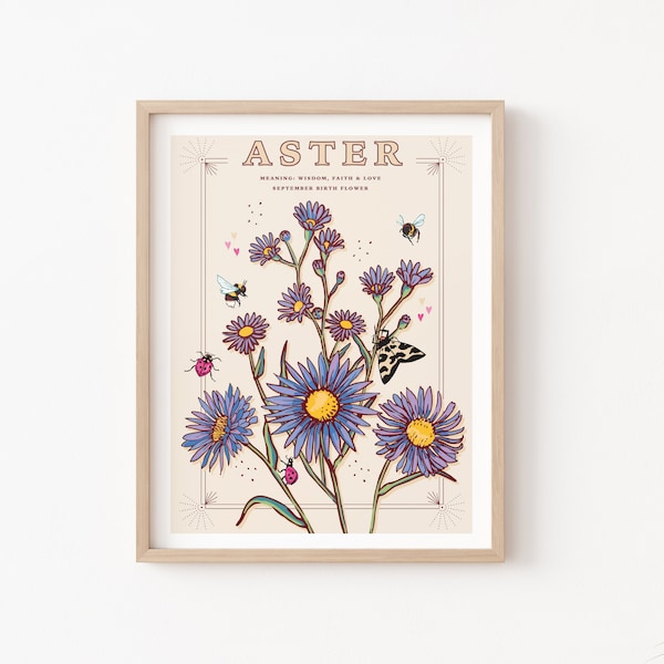 Kunst aan de muur aster, illustratie print geboorte september