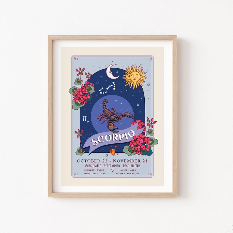 Puede incluir: Un p&oacute;ster ilustrado azul y morado con un escorpi&oacute;n, estrellas, una luna creciente y un sol. El p&oacute;ster tiene el texto "SCORPIO" y "OCTOBER 22 - NOVEMBER 21".
