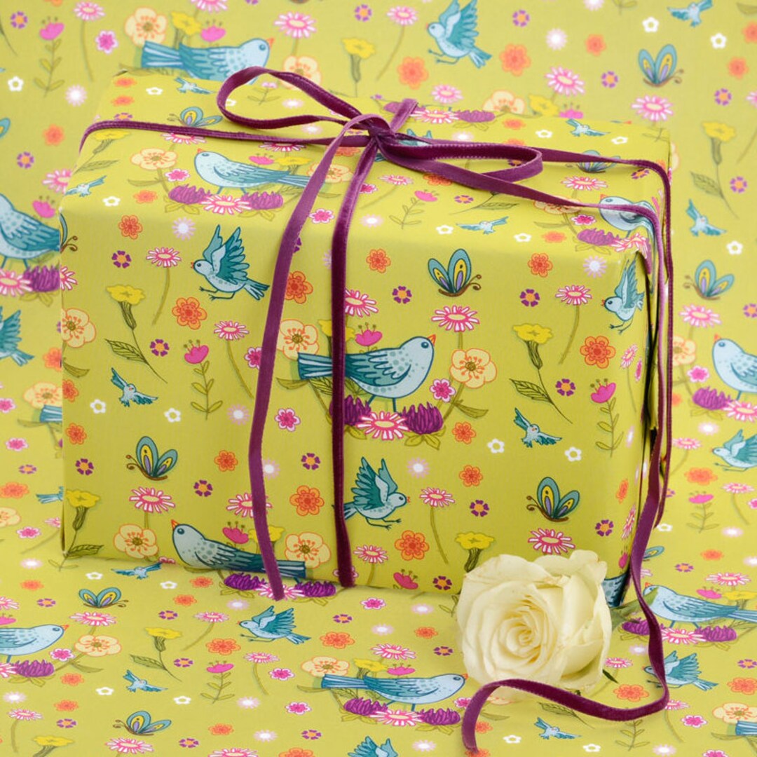 Chartreuse Gift Wrapping Paper With Bluebirds and Spring Flowers - Etsy