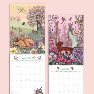 May include: A 2027 wall calendar featuring two open pages for March and April. The March page displays a fawn in a meadow with rabbits and butterflies. The April page shows a person gardening with a dog amidst pink and purple sweet pea flowers.