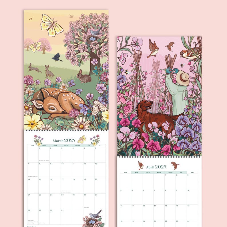 May include: A 2027 wall calendar featuring two open pages for March and April. The March page displays a fawn in a meadow with rabbits and butterflies. The April page shows a person gardening with a dog amidst pink and purple sweet pea flowers.