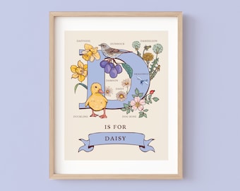 May include: A blue letter D with illustrations of a duckling, dragonfly, daisy, daffodil, damson, dog rose, and a dunnock. The text "IS FOR DAISY" is below the letter.