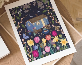 Shepherd&#39;s hut print, floral camper wall art