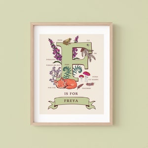 Impressão personalizada da letra F, arte de parede com a inicial F, ilustração do monograma do guia da natureza