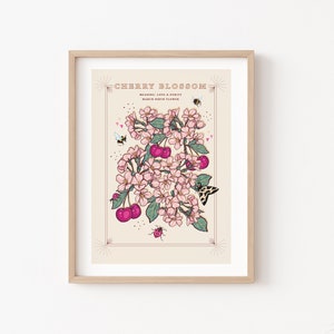 Puede incluir: Una ilustración de estilo vintage de una rama de cerezo en flor con flores rosas, hojas verdes y cerezas rojas. La ilustración está rodeada por un borde decorativo e incluye el texto "CHERRY BLOSSOM", "MEANING: LOVE & PURITY", y "MARCH BIRTH FLOWER".
