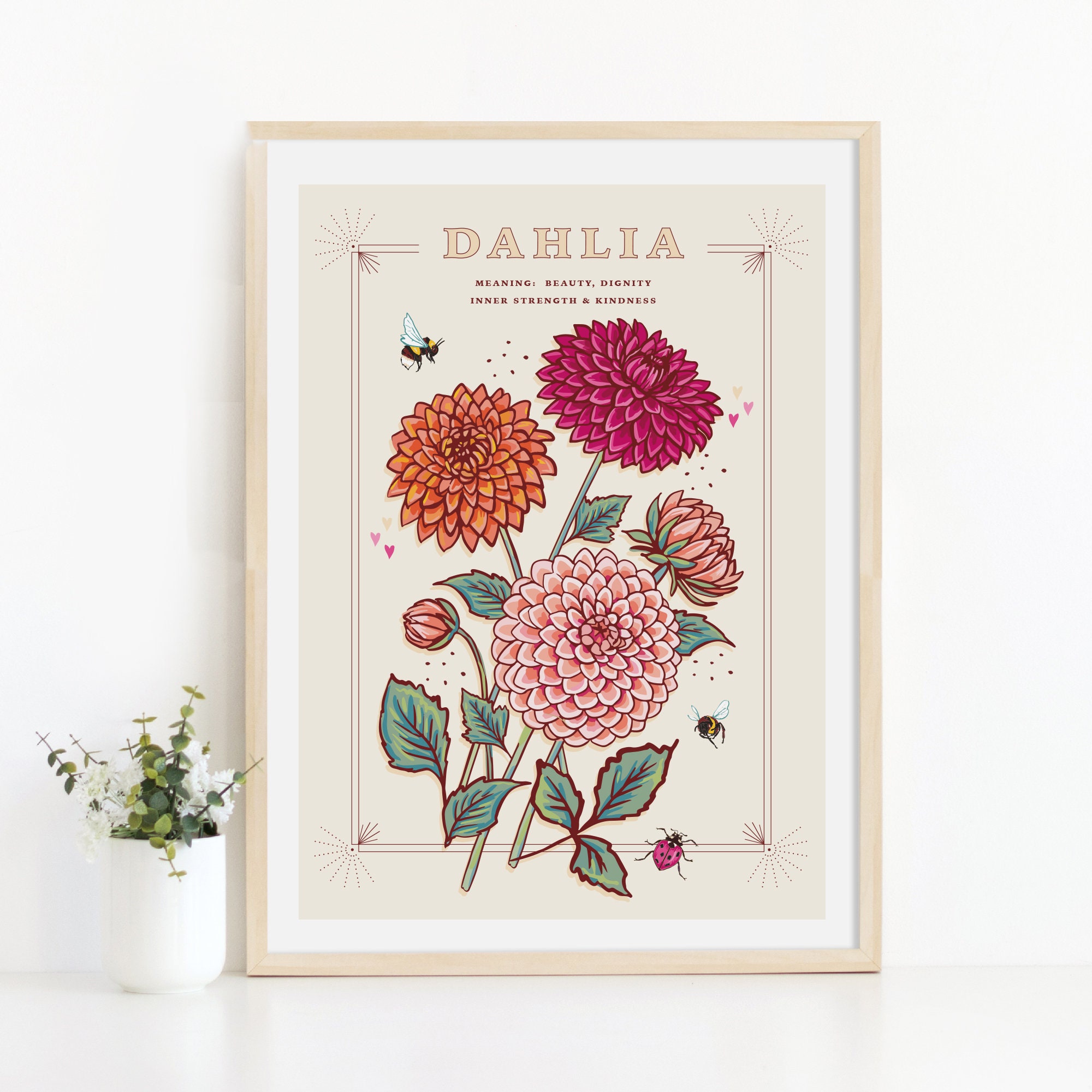Dahlia Wall Art Print, Flower Meaning Illustration Print - Etsy