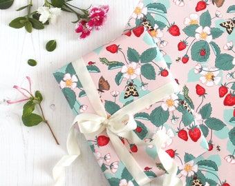 Strawberry Patch Gift Wrap: Pink Floral Insects Wrapping Paper with Tag