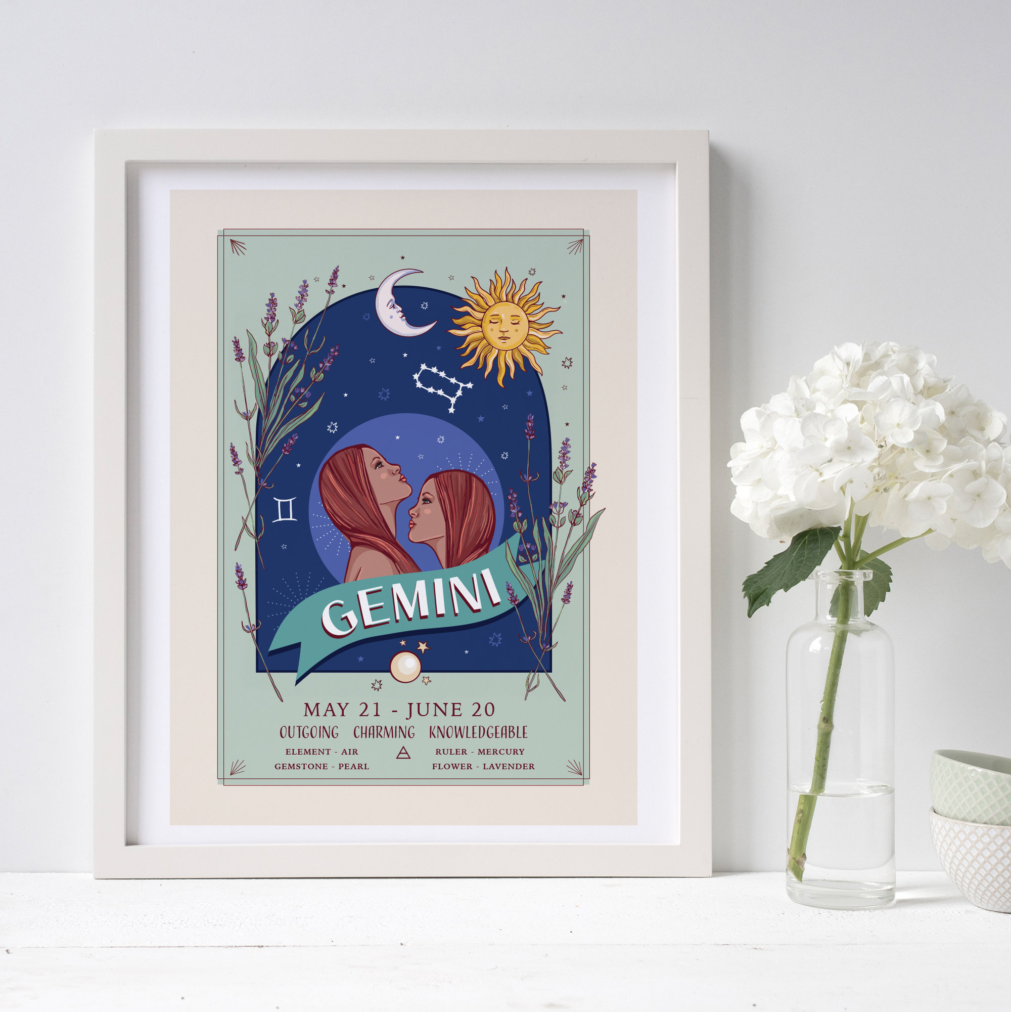 Gemini Wall Art Print, Zodiac Sign and Flowers Illustration Print