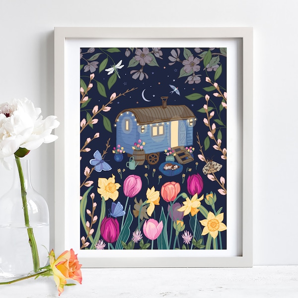 Shepherd's hut print, floral camper wall art