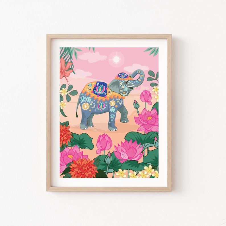 May include: A colorful illustration of an elephant decorated with floral patterns, standing in a field of pink lotus flowers and green leaves against a pink and orange sunset background.