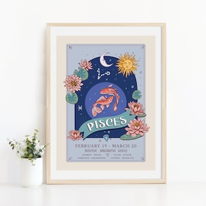 Wydruk ścienny z motywem Ryb, ilustracja znaku zodiaku i kwiatów
