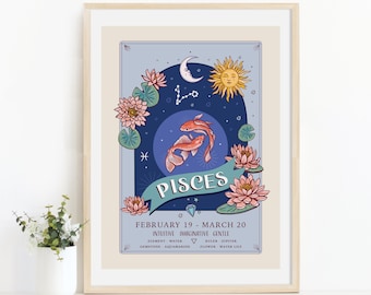 Lámina decorativa de pared de Piscis, ilustración del signo zodiacal y flores.