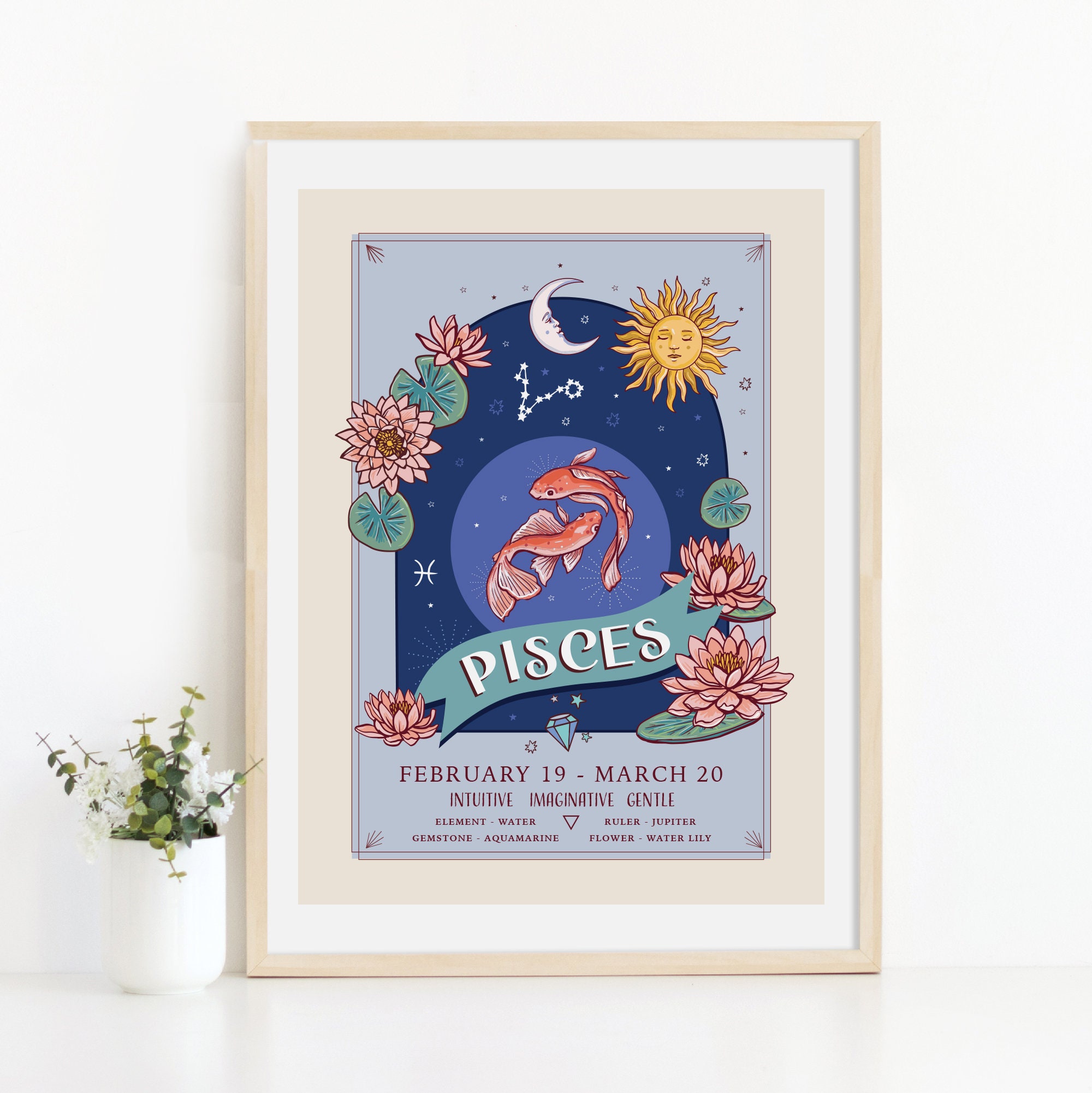 Pisces Wall Art Print, Zodiac Sign and Flowers Illustration Print