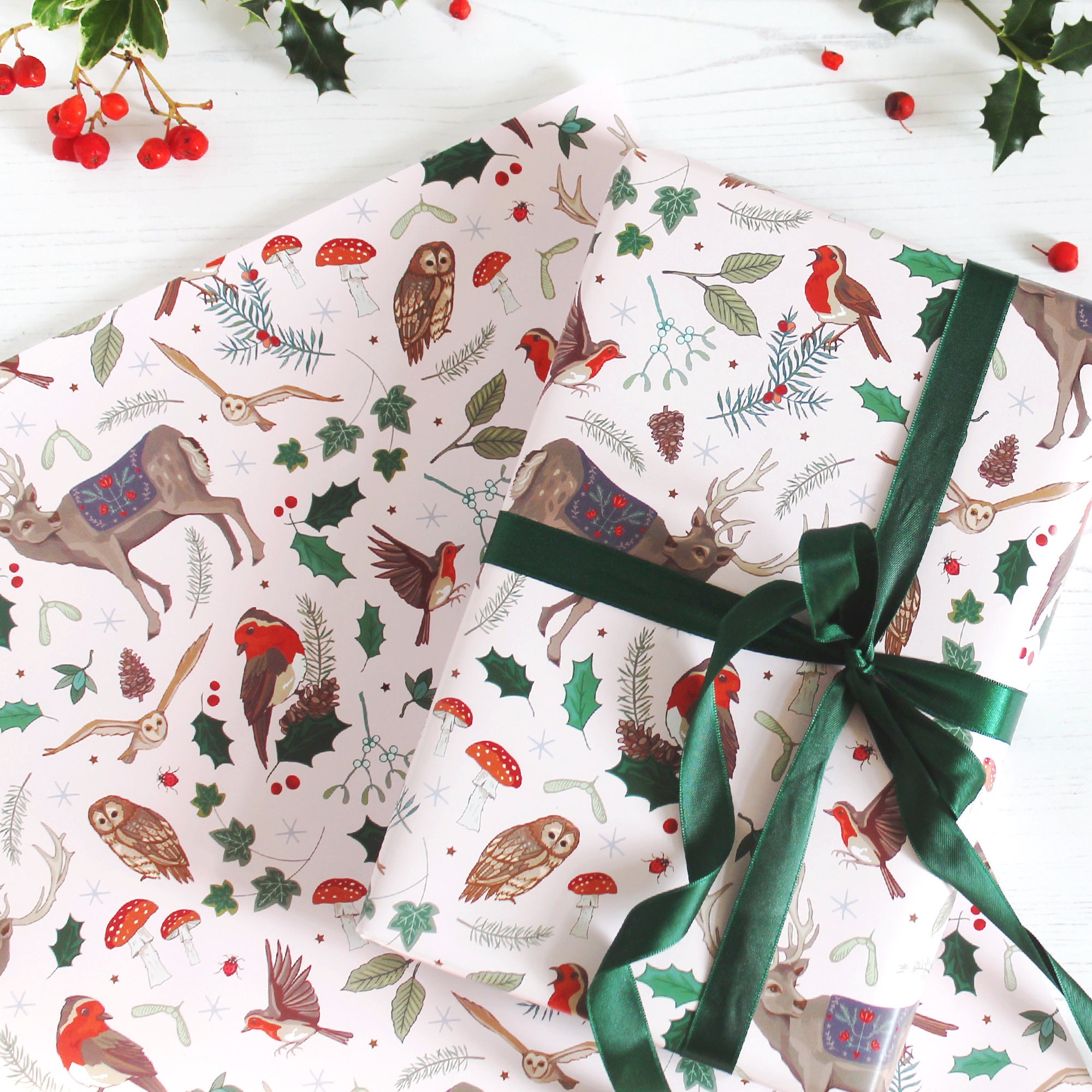 Owl gift wrapping paper, Woodland quality gift wrap sheet + tag, Recyclable