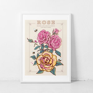 Wall art print of line drawn rose flowers in pink and yellow