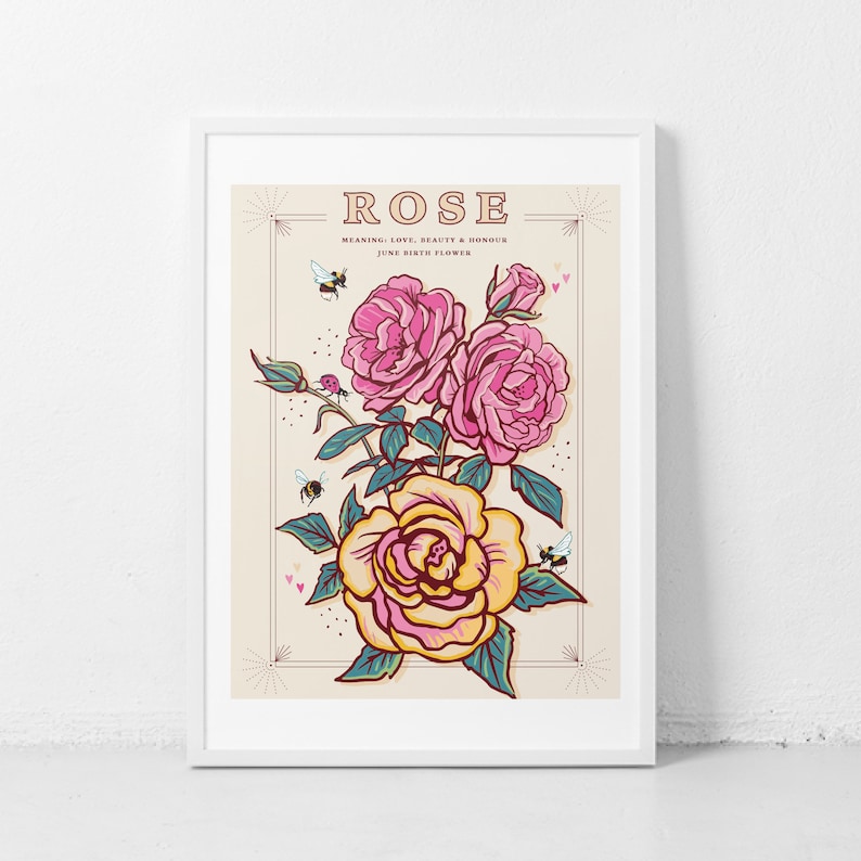Wall art print of line drawn rose flowers in pink and yellow