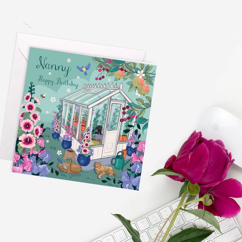 Happy Birthday Nanny Card, bright floral, cats in the greenhouse card image 8