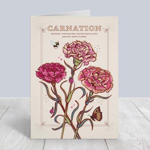 Carte de fleur de naissance de janvier, carte d'anniversaire d'oeillet,
