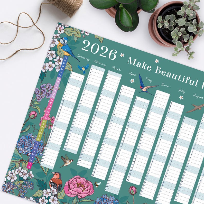 2026 Wall Planner: Flowers & Garden Birds - A2 Year View Calendar image 2