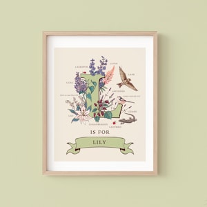 Impressão personalizada da letra L, arte de parede com a inicial L, ilustração do monograma do guia da natureza