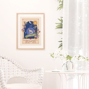May include: A framed print of a zodiac sign, Capricorn, with a blue and gold illustration of a sea goat surrounded by flowers. The text reads "Capricorn, December 22 - January 19, Ambitious, Disciplined, Practical".