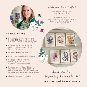 May include: A collection of six botanical prints featuring various flowers and plants. The prints are framed and displayed on a shelf. The prints are hand-drawn and signed by the artist. The text on the prints reads "Violet", "Nature", "Happiness", "Lavender", "Cosmos", and "Garden".