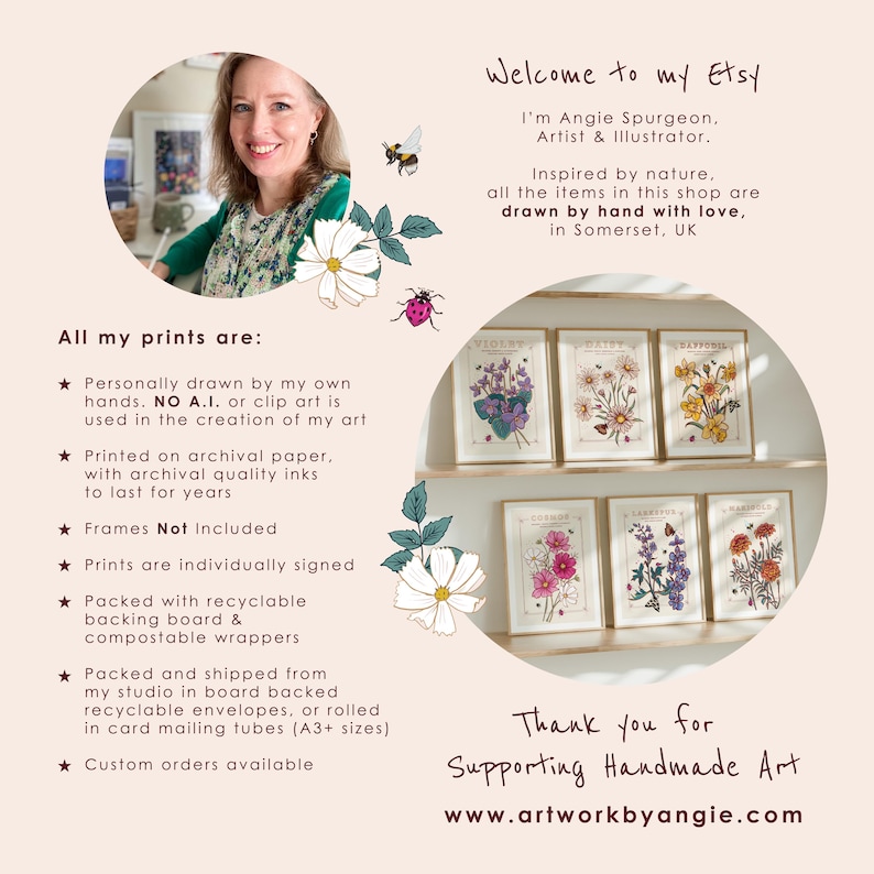 May include: A collection of six botanical prints featuring various flowers and plants. The prints are framed and displayed on a shelf. The prints are hand-drawn and signed by the artist. The text on the prints reads "Violet", "Nature", "Happiness", "Lavender", "Cosmos", and "Garden".