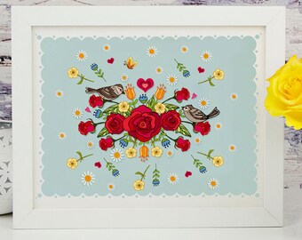 Sparrows and English Roses Wall Art Print, Garden Birds and Red Roses Illustration Print